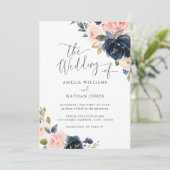 Modern Blush Navy Bloemen Huwelijk Kaart (Staand voorkant)