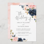 Modern Blush Navy Bloemen Huwelijk Kaart (Voorkant / Achterkant)