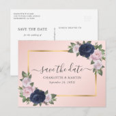 Modern Blush Navy Blue Gold Floral Save the Date Aankondigingskaart (Voorkant / Achterkant)