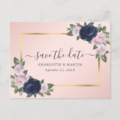 Modern Blush Navy Blue Gold Floral Save the Date Aankondigingskaart (Voorkant)
