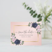 Modern Blush Navy Blue Gold Floral Save the Date Aankondigingskaart (Staand voorkant)