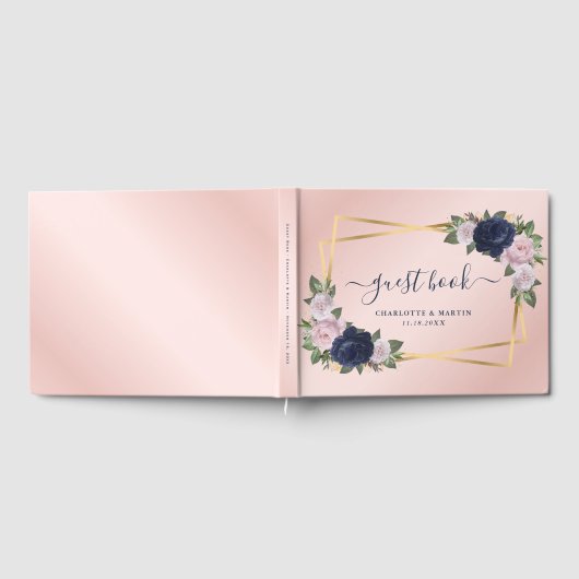 Modern Blush Navy Blue Gold Geometric Wedding Gastenboek (Volledig)