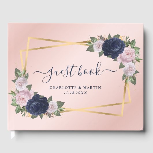 Modern Blush Navy Blue Gold Geometric Wedding Gastenboek (Voorkant)