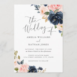 Modern Blush Navy Floral Wedding Kaart