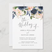 Modern Blush Navy Waterverf Bloemen Huwelijk Kaart (Voorkant)