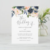 Modern Blush Navy Waterverf Bloemen Huwelijk Kaart (Staand voorkant)