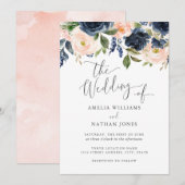 Modern Blush Navy Waterverf Bloemen Huwelijk Kaart