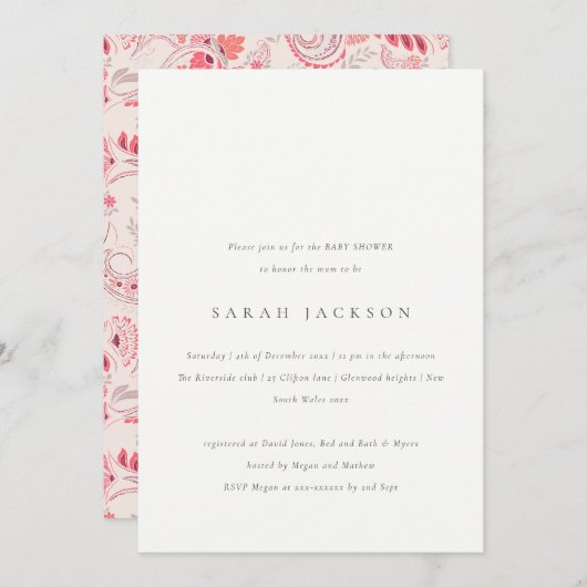 Modern Blush Paisley Typography Baby shower Kaart (Voorkant / Achterkant)