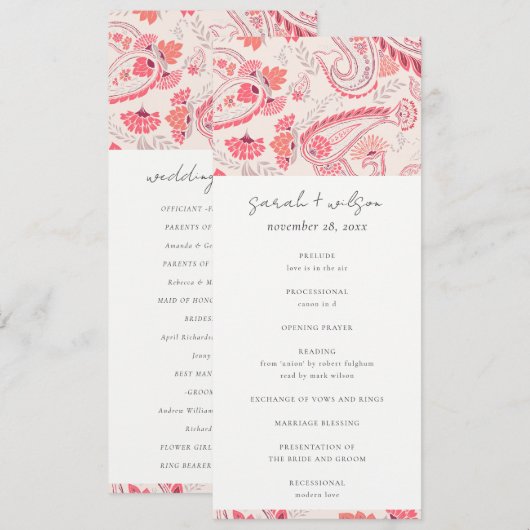 Modern Blush Paisley Typography Wedding Programme Kaart (Voorkant / Achterkant)