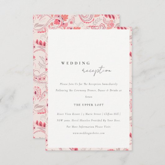 Modern Blush Paisley Typography Wedding Reception Informatiekaartje (Voorkant / Achterkant)