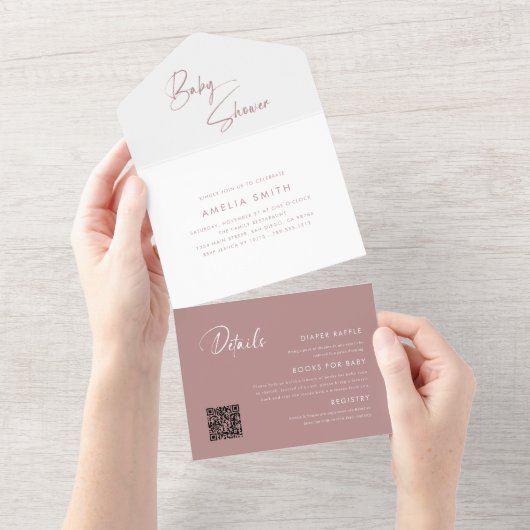 Modern Blush Pastel Roze Minimalist Handgeschreven All In One Uitnodiging (Afscheurbaar)