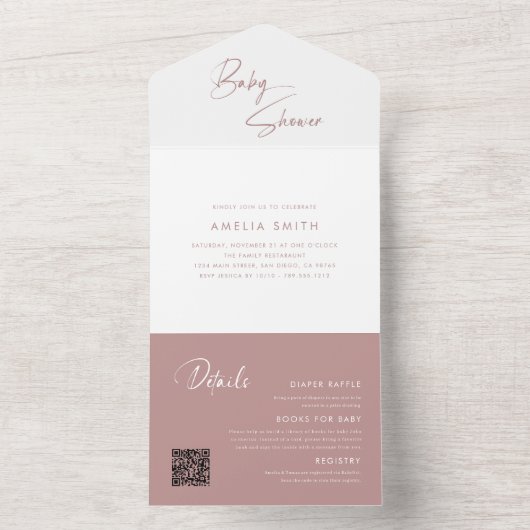 Modern Blush Pastel Roze Minimalist Handgeschreven All In One Uitnodiging (Binnen)