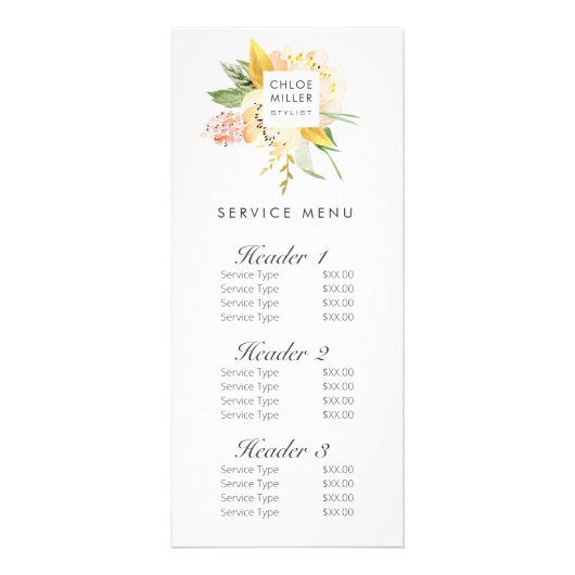 Modern Blush Peach Floral Service Menu Price List (Voorkant)