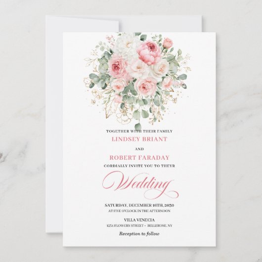 Modern Blush Peonies Gold Frame Wedding Invitation Kaart (Voorkant)