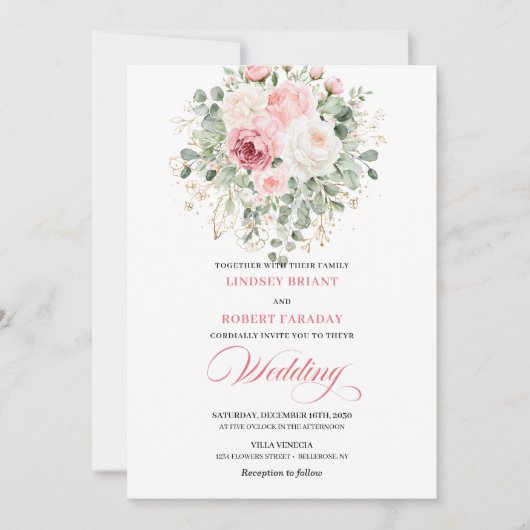Modern Blush Peonies Gold Glitter Wedding Invite Kaart (Voorkant)