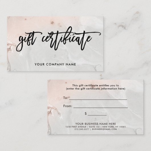 Modern Blush Pink and Grey Marble Gift Certificate Kortingskaartje (Voorkant / Achterkant)