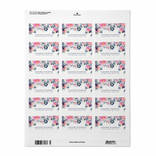 Modern Blush Pink and Navy Floral Wedding Etiket (Full Sheet)