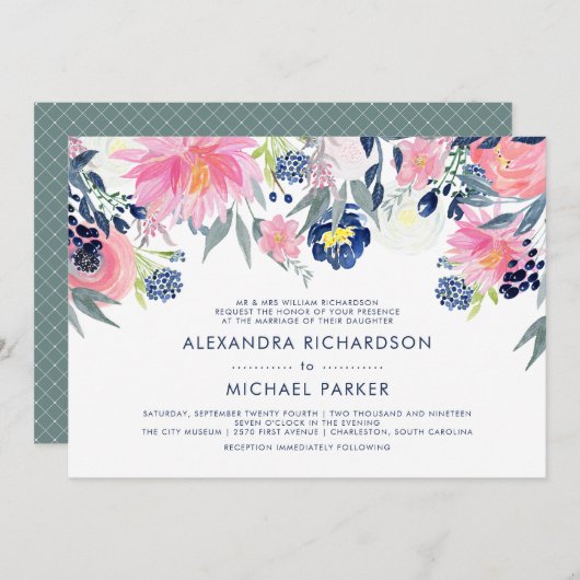 Modern Blush Pink and Navy Floral Wedding Kaart (Voorkant / Achterkant)