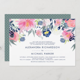 Modern Blush Pink and Navy Floral Wedding Kaart