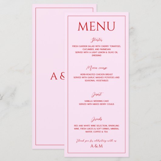 Modern blush pink and red minimalist wedding menu (Voorkant / Achterkant)