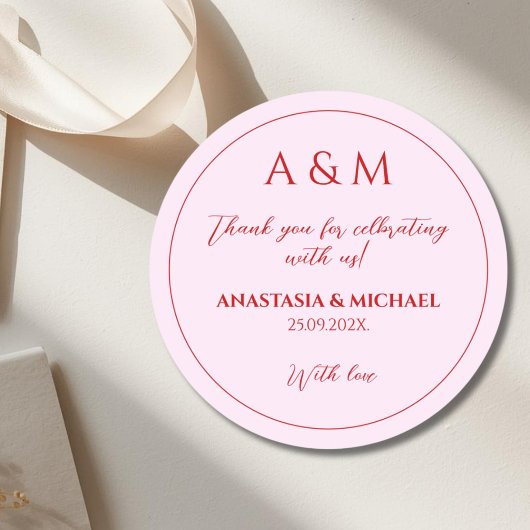 Modern blush pink and red minimalist wedding ronde sticker
