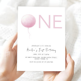 Modern Blush Pink Balloon Girl First Birthday Kaart