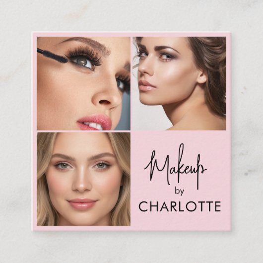 Modern Blush Pink Black Script 3 Photo Vierkante Visitekaartje (Voorkant)