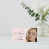 Modern Blush Pink Black Script Photo Makeup Visitekaartje (Staand voorkant)