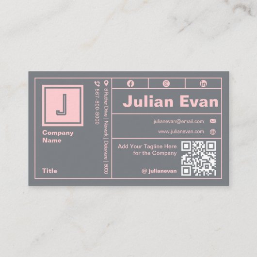 Modern Blush Pink Bold Typografie Monogram QR Code Visitekaartje (Voorkant)