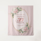 Modern Blush Pink Botanical 50th Birthday Backdrop Wandkleed (Voorkant)