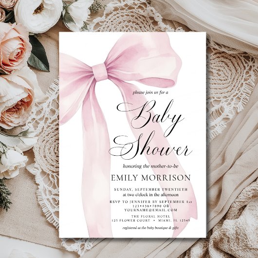 Modern Blush Pink Bow Girl Waterverf Baby shower Kaart