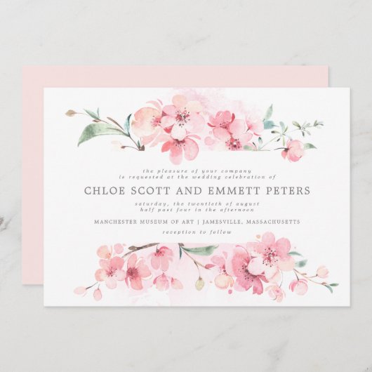 Modern Blush Pink Cherry Blossom Floral Wedding Kaart (Voorkant / Achterkant)