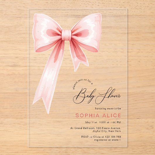 Modern Blush Pink Coquette Baby shower Transparant Acryl Uitnodigingen (Voorkant)