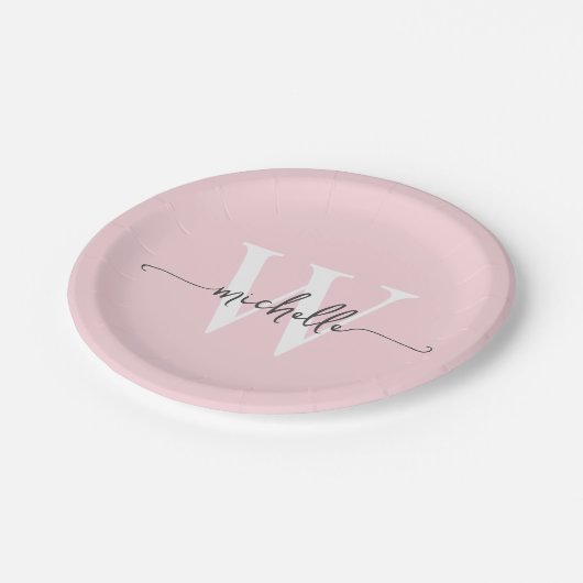Modern Blush Pink Custom Monogram Naam Script Papieren Bordje (Gekanteld)