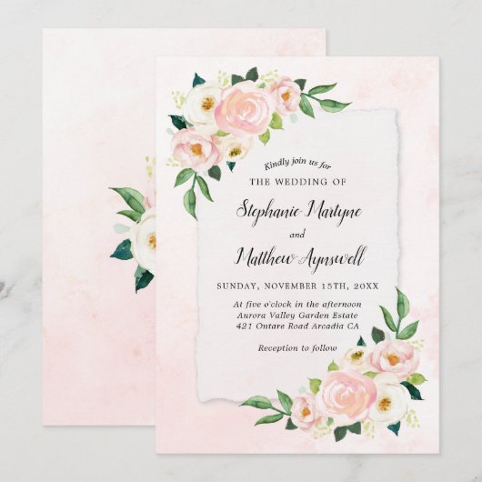 Modern Blush Pink Dusty Floral Waterverf Wedding Kaart (Voorkant / Achterkant)