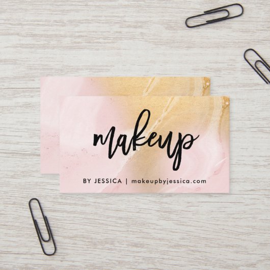 Modern Blush Pink en Faux Gold Marmer | make-up Visitekaartje (Voorkant / Achterkant in situ)