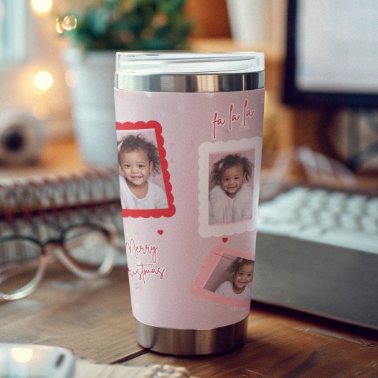 Modern Blush Pink “Fa La La” Christmas Photo  Geïsoleerde Drinkbeker