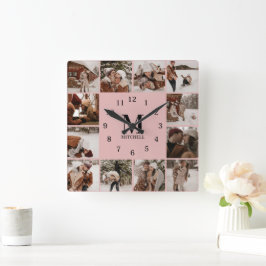 Modern Blush Pink Familie 12 Fotocollage Monogram Vierkante Klok