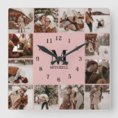 Modern Blush Pink Familie 12 Fotocollage Monogram Vierkante Klok (Voorkant)