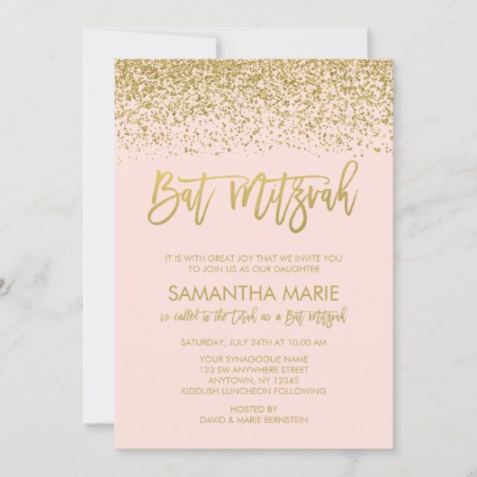 Modern Blush Pink Faux Gold Glitter Bat Mitzvah Kaart (Voorkant)