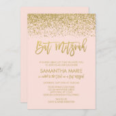 Modern Blush Pink Faux Gold Glitter Bat Mitzvah Kaart (Voorkant / Achterkant)