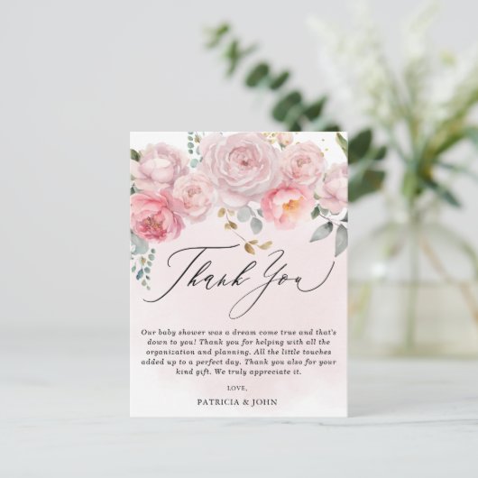 Modern Blush Pink Floral Baby shower dank u Briefkaart (Staand voorkant)