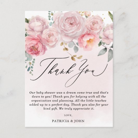 Modern Blush Pink Floral Baby shower dank u Briefkaart (Voorkant)