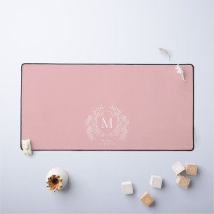 Modern Blush Pink Floral Crest Monogram Bureaumat