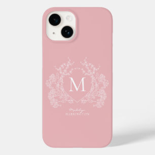 Modern Blush Pink Floral Crest Monogram Case-Mate iPhone 14 Hoesje