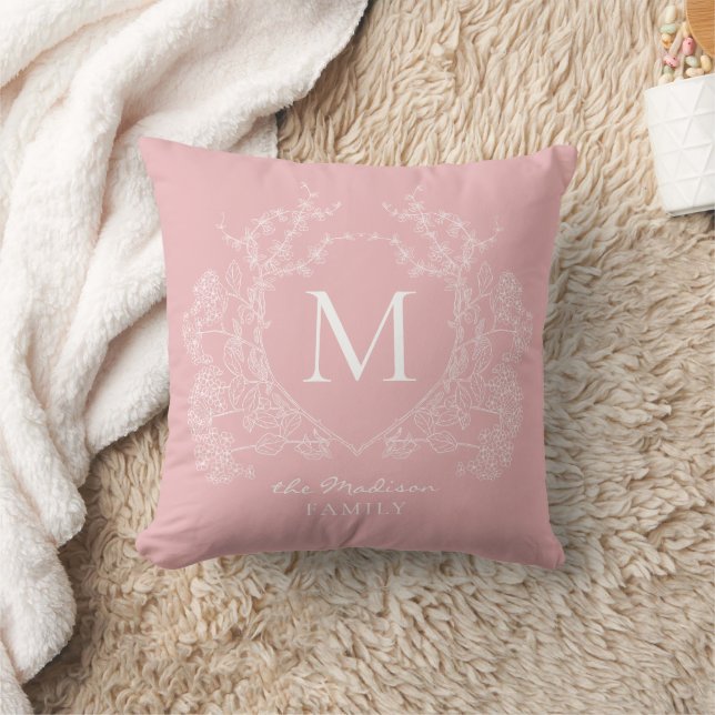Modern  Blush Pink Floral Crest Monogram Kussen (Deken)
