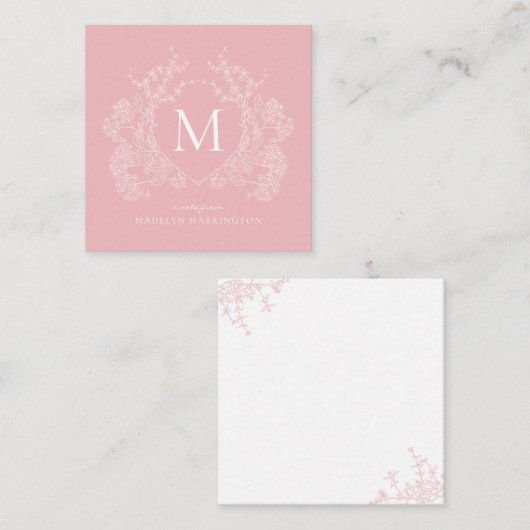 Modern Blush Pink Floral Crest Monogram Notitiekaartje (Voorkant / Achterkant)