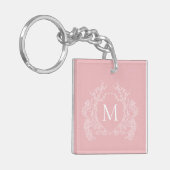 Modern Blush Pink Floral Crest Monogram Sleutelhanger (Voorkant Links)