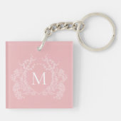 Modern Blush Pink Floral Crest Monogram Sleutelhanger (Achterkant)