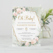Modern Blush Pink Floral Greenery Gold Oh Baby Kaart (Staand voorkant)